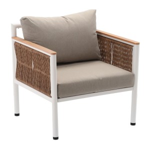 Salon de jardin CALYPSO 4 places aluminium blanc et bois – canapé, 2 fauteuils et table basse