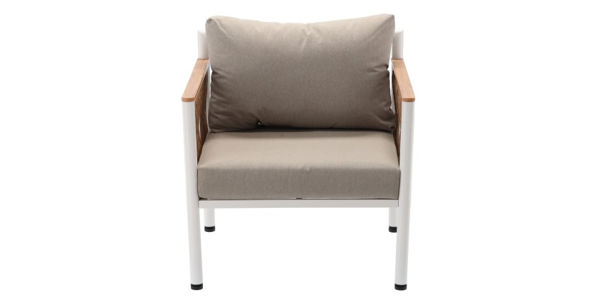 Salon de jardin CALYPSO 4 places aluminium blanc et bois – canapé, 2 fauteuils et table basse