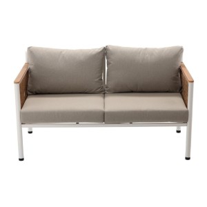 Salon de jardin CALYPSO 4 places aluminium blanc et bois – canapé, 2 fauteuils et table basse