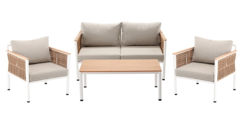 Salon de jardin CALYPSO 4 places aluminium blanc et bois – canapé, 2 fauteuils et table basse