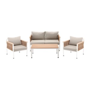 Salon de jardin CALYPSO 4 places aluminium blanc et bois – canapé, 2 fauteuils et table basse