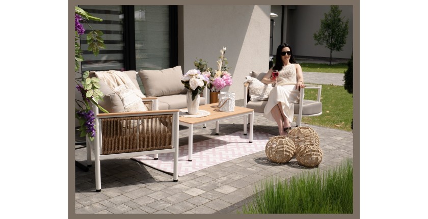 Salon de jardin CALYPSO 4 places aluminium blanc et bois – canapé, 2 fauteuils et table basse