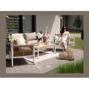 Salon de jardin CALYPSO 4 places aluminium blanc et bois – canapé, 2 fauteuils et table basse