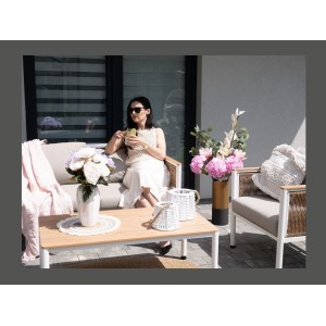 Salon de jardin CALYPSO 4 places aluminium blanc et bois – canapé, 2 fauteuils et table basse