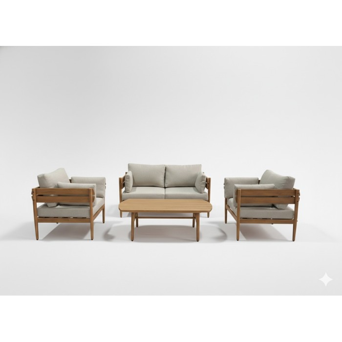 Salon de jardin SELVANO 4 places en aluminium effet bois avec coussins beige et table basse