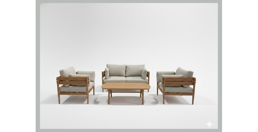 Salon de jardin SELVANO 4 places en aluminium effet bois avec coussins beige et table basse