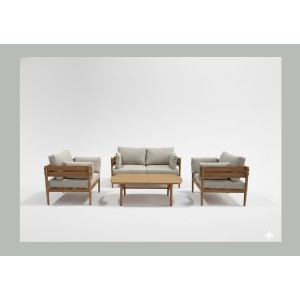 Salon de jardin SELVANO 4 places en aluminium effet bois avec coussins beige et table basse