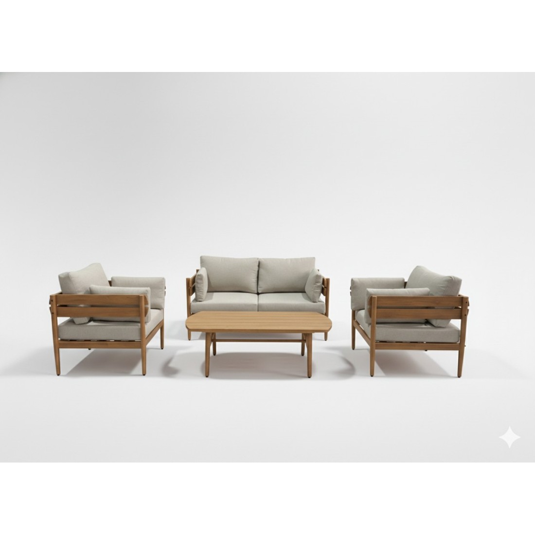 Salon de jardin SELVANO 4 places en aluminium effet bois avec coussins beige et table basse