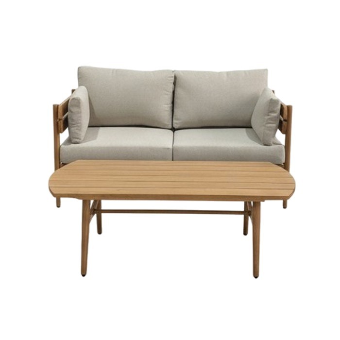 Salon de jardin SELVANO 4 places en aluminium effet bois avec coussins beige et table basse