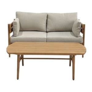 Salon de jardin SELVANO 4 places en aluminium effet bois avec coussins beige et table basse