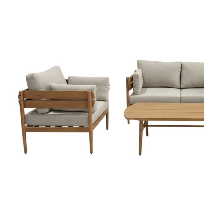 Salon de jardin SELVANO 4 places en aluminium effet bois avec coussins beige et table basse