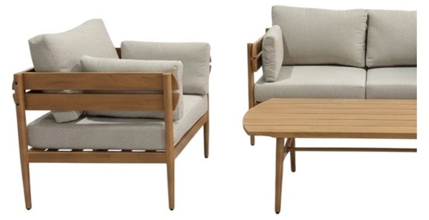 Salon de jardin SELVANO 4 places en aluminium effet bois avec coussins beige et table basse