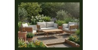 Salon de jardin SELVANO 4 places en aluminium effet bois avec coussins beige et table basse
