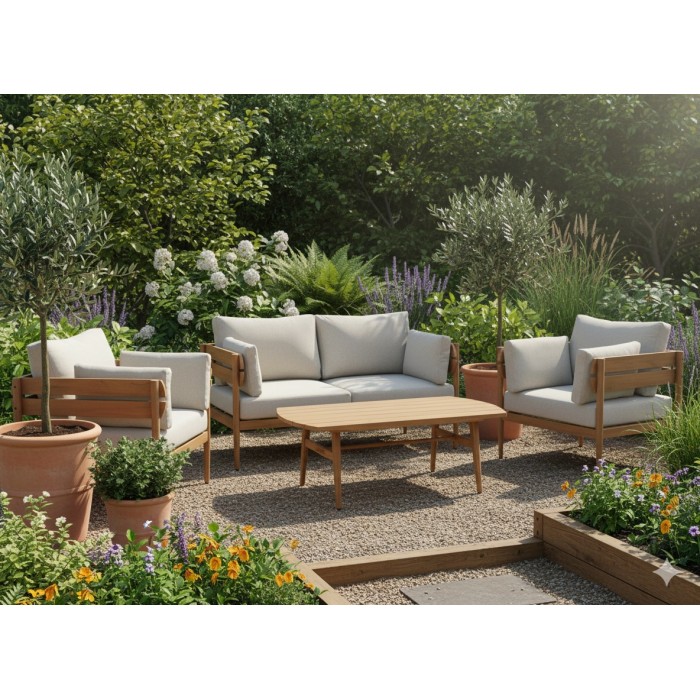Salon de jardin SELVANO 4 places en aluminium effet bois avec coussins beige et table basse