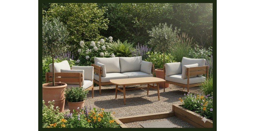 Salon de jardin SELVANO 4 places en aluminium effet bois avec coussins beige et table basse