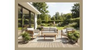 Salon de jardin SELVANO 4 places en aluminium effet bois avec coussins beige et table basse