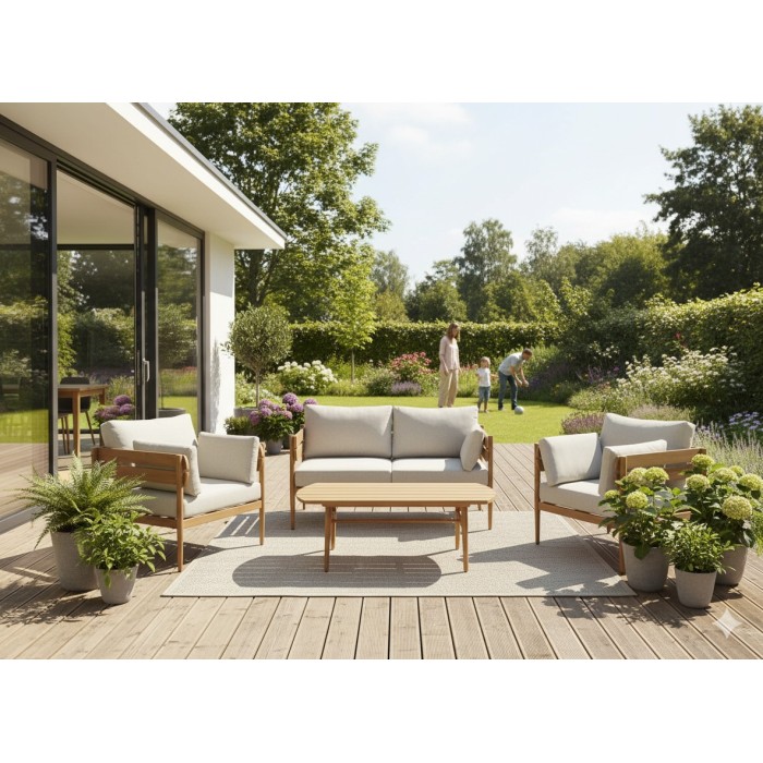 Salon de jardin SELVANO 4 places en aluminium effet bois avec coussins beige et table basse