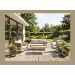 Salon de jardin SELVANO 4 places en aluminium effet bois avec coussins beige et table basse