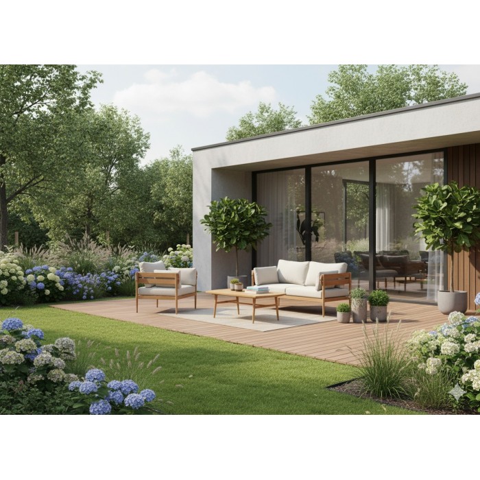Salon de jardin SELVANO 4 places en aluminium effet bois avec coussins beige et table basse