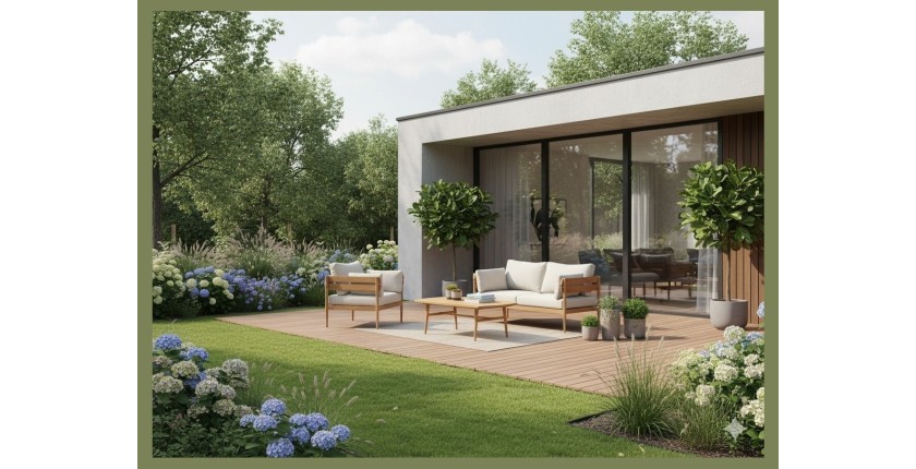 Salon de jardin SELVANO 4 places en aluminium effet bois avec coussins beige et table basse