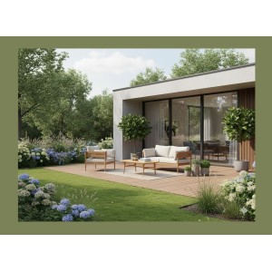 Salon de jardin SELVANO 4 places en aluminium effet bois avec coussins beige et table basse