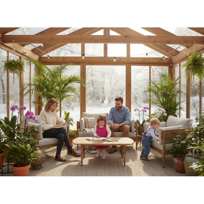 Salon de jardin SELVANO 4 places en aluminium effet bois avec coussins beige et table basse