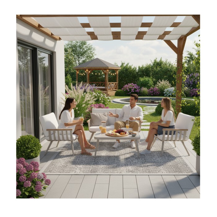 Set da giardino LUMERA 4 posti in alluminio con divano 2 posti, poltrone e tavolino basso beige
