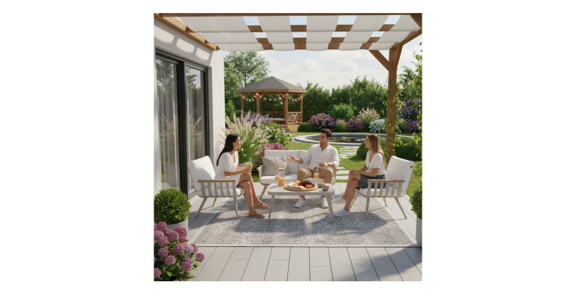 Salon de jardin LUMERA 4 places en aluminium avec canapé 2 places, fauteuils et table basse beige