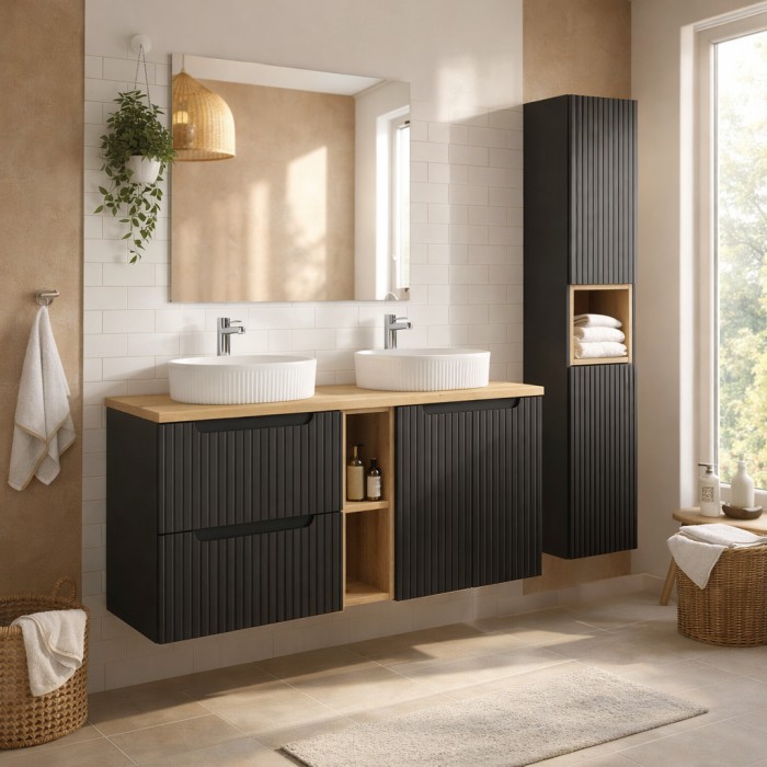 Insieme VANO 170cm: mobili sottolavabo con nicchie visibili a cassetti e armadietti + due lavabi da appoggio scanalati + colonna