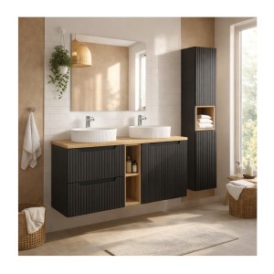Ensemble VANO 170cm : meubles sous vasque, niches visibles, vasques à poser, colonne mis en situation