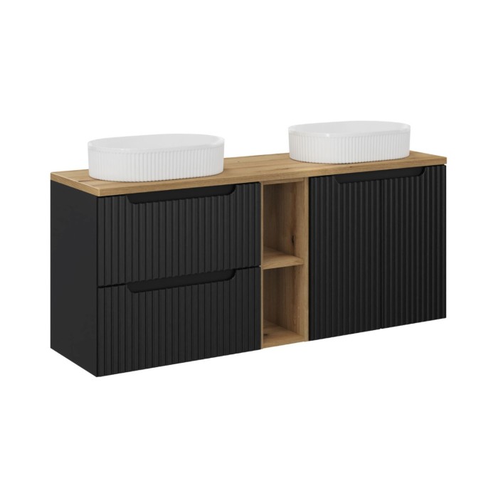 Insieme VANO 140cm: mobili sotto lavabo con nicchie visibili a cassetti e armadietti + due lavabi da appoggio scanalati