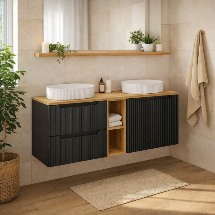 Insieme VANO 140cm: mobili sotto lavabo con nicchie visibili a cassetti e armadietti + due lavabi da appoggio scanalati