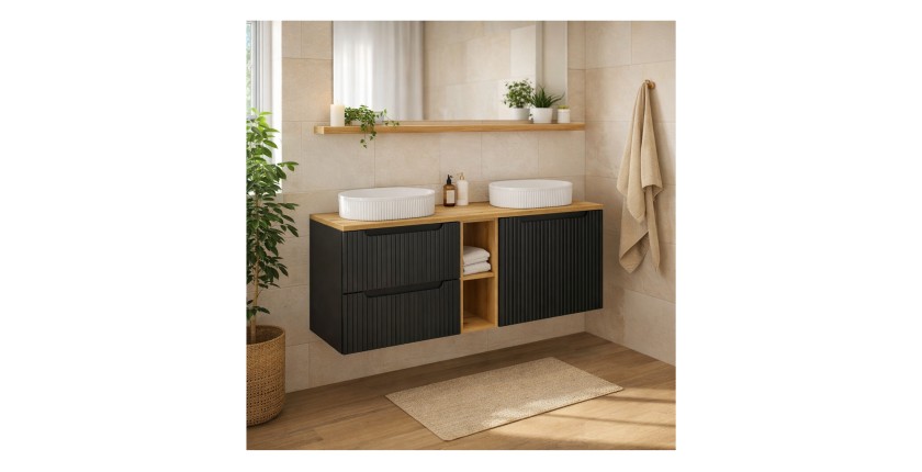 Ensemble VANO 140cm : meubles sous vasques, niches visibles, plan pour vasque et vasques à poser mis en situation