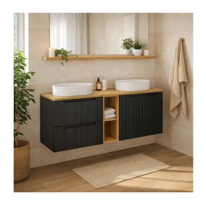 Ensemble VANO 140cm : meubles sous vasques, niches visibles, plan pour vasque et vasques à poser mis en situation