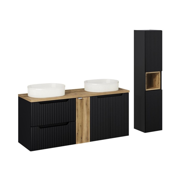 Insieme VANO 170cm: mobili sotto lavabo con nicchie a cassetti e armadietti + due lavabi da appoggio scanalati + colonna