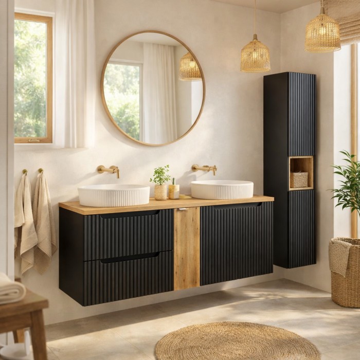 Insieme VANO 170cm: mobili sotto lavabo con nicchie a cassetti e armadietti + due lavabi da appoggio scanalati + colonna