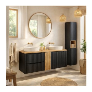 Ensemble VANO 170cm : meubles sous vasque, niches fermées, vasques à poser, colonne mis en situation