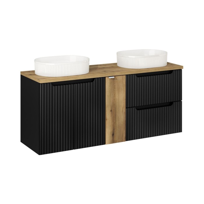 Insieme VANO 140cm: mobili sotto lavabo con nicchie a cassetti e armadietti + due lavabi da appoggio scanalati