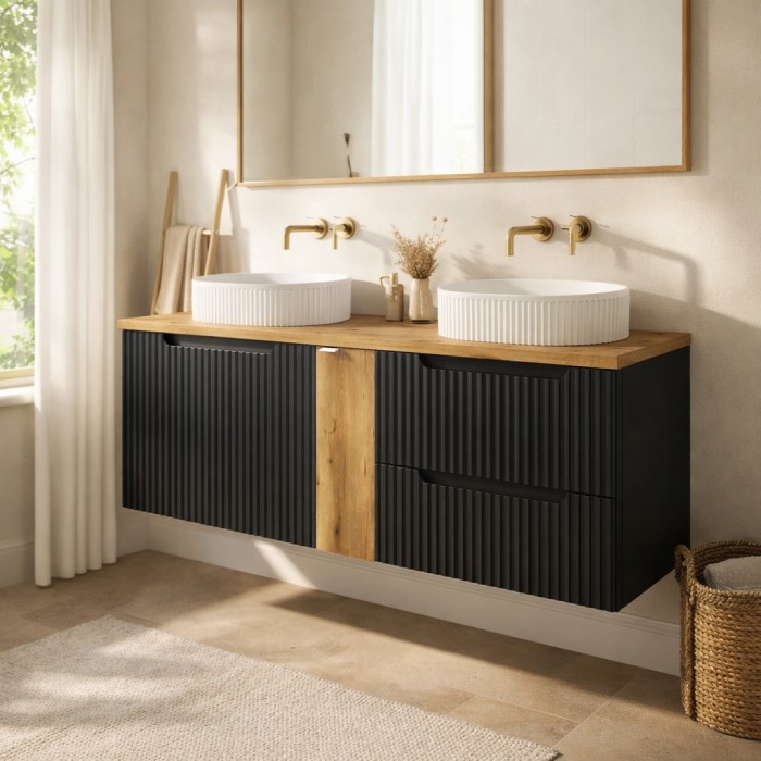 Insieme VANO 140cm: mobili sotto lavabo con nicchie a cassetti e armadietti + due lavabi da appoggio scanalati