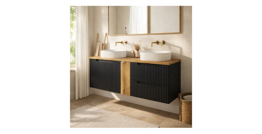 Ensemble VANO 140cm : meubles sous vasque, meuble 1 porte, plan pour vasque, vasques à poser mis en situation