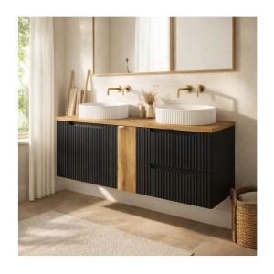 Ensemble VANO 140cm : meubles sous vasque, meuble 1 porte, plan pour vasque, vasques à poser mis en situation