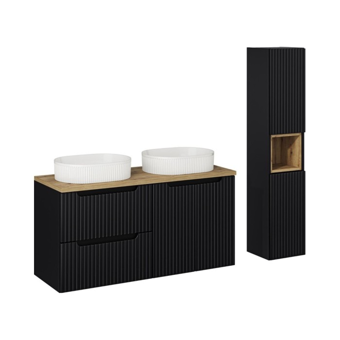 Insieme VANO 150cm : mobili sotto lavabo con cassetti e armadietti + piano per lavabo + due lavabi da appoggio scanalati + colon