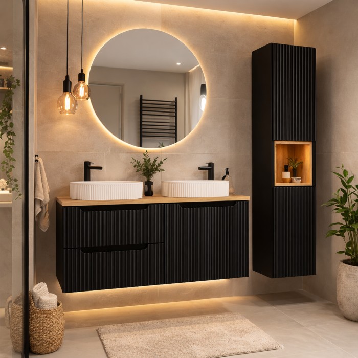 Insieme VANO 150cm : mobili sotto lavabo con cassetti e armadietti + piano per lavabo + due lavabi da appoggio scanalati + colon