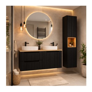 ensemble VANO 150cm : meubles sous vasque, plan pour vasque, vasques à poser, colonne mis en situation