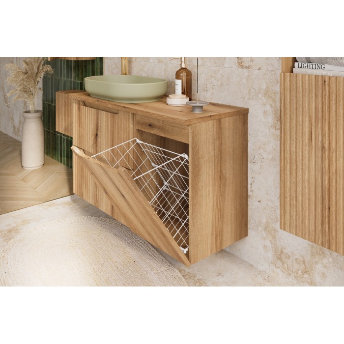 Meuble salle de bain VANO 40 cm chêne suspendu avec panier à linge