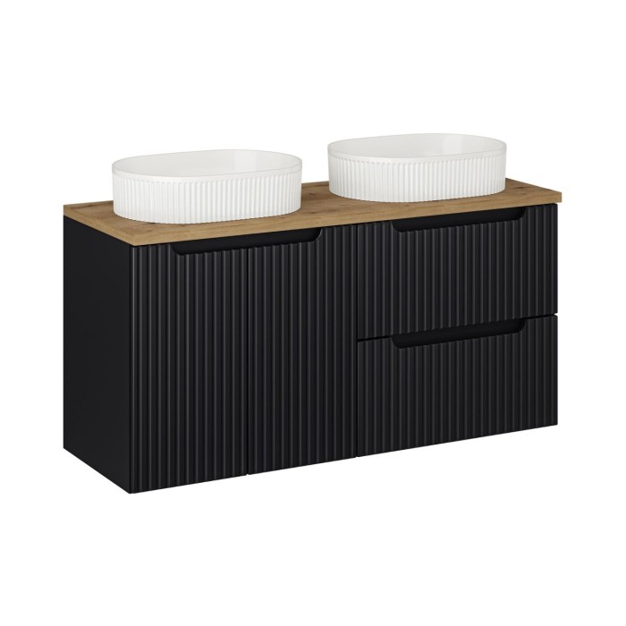 Insieme VANO 120cm: mobili sotto lavabo con cassetti e armadietti + piano per lavabo + due lavabi da appoggio scanalati