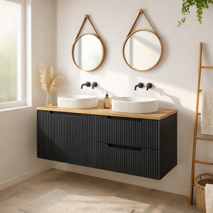 Insieme VANO 120cm: mobili sotto lavabo con cassetti e armadietti + piano per lavabo + due lavabi da appoggio scanalati