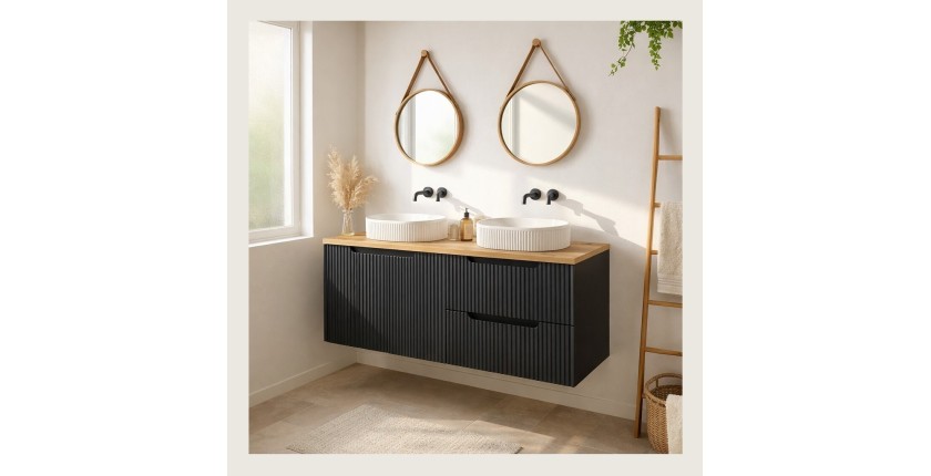 Ensemble VANO 120cm : meubles sous vasque à tiroirs et placards + plan pour vasque + deux vasques à poser rainurées