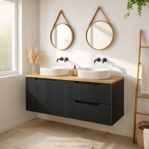 Ensemble VANO 120cm : meubles sous vasque, plan pour vasque, vasques à poser mis en situation