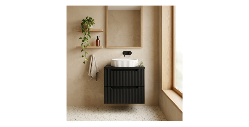 Ensemble VANO 60cm : meubles sous vasque à tiroirs, plan pour vasque noir et vasque à poser mis en situation